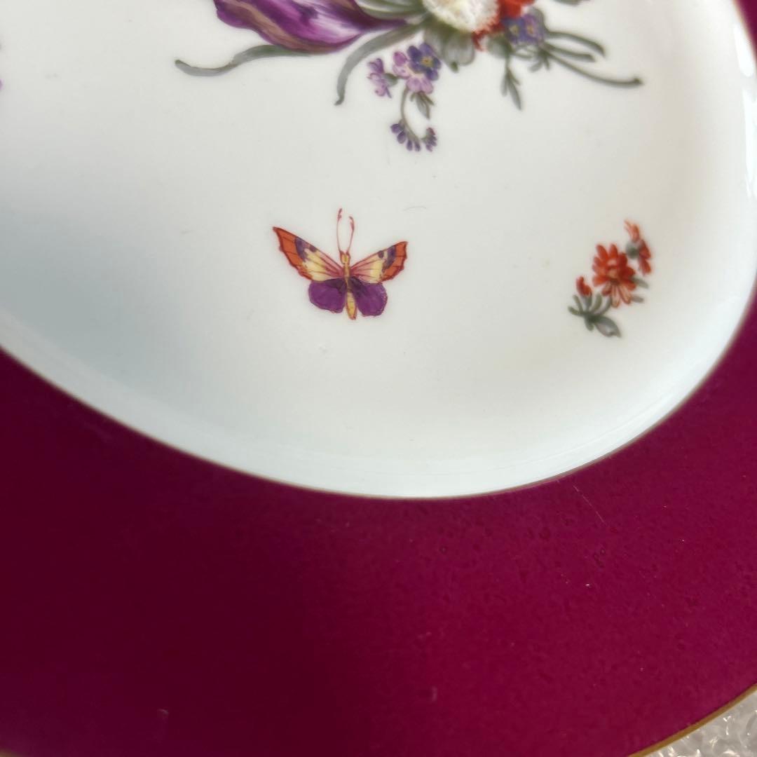 アンティーク高級食器　KPM 7種花　蝶々　赤皿