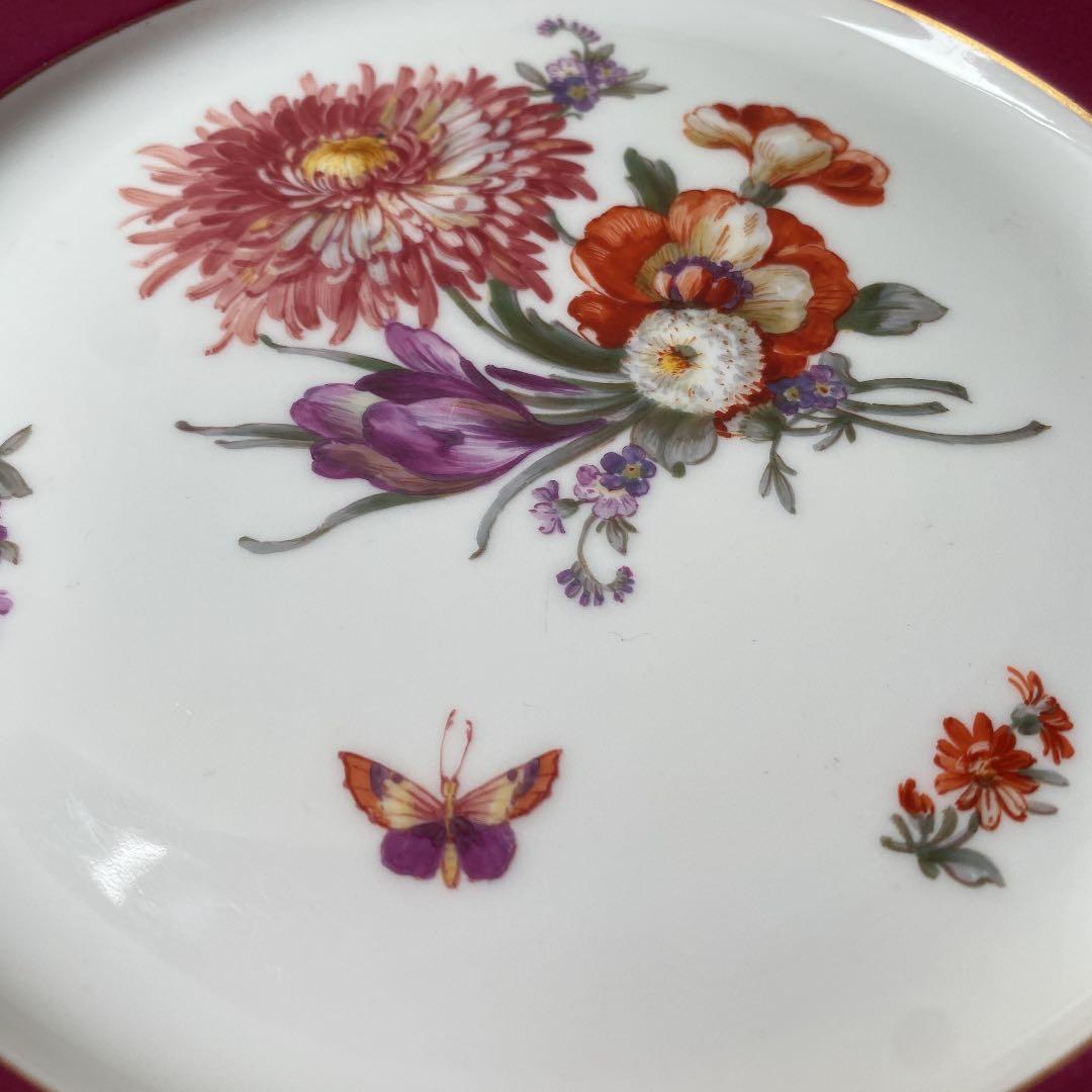 アンティーク高級食器　KPM 7種花　蝶々　赤皿
