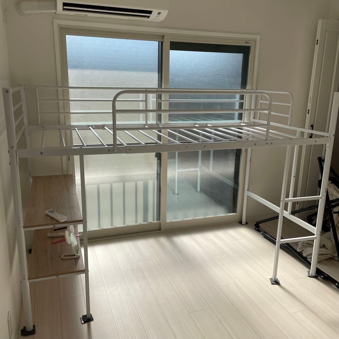 ホワイト ロフトベッド 棚付き シングルサイズ