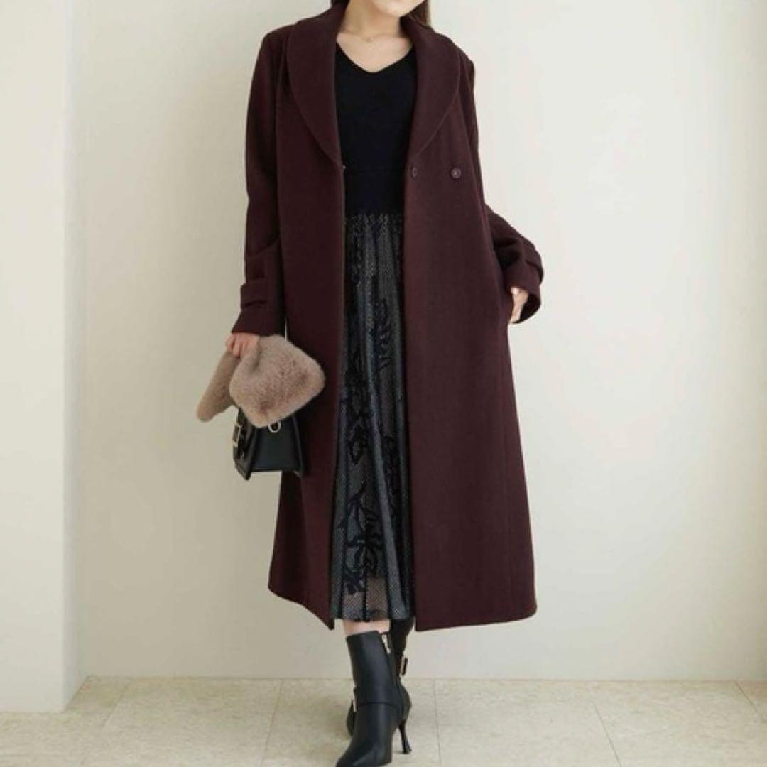 Noela ノエラ　ショールカラーロングコート　ボルドー　バーガンディー