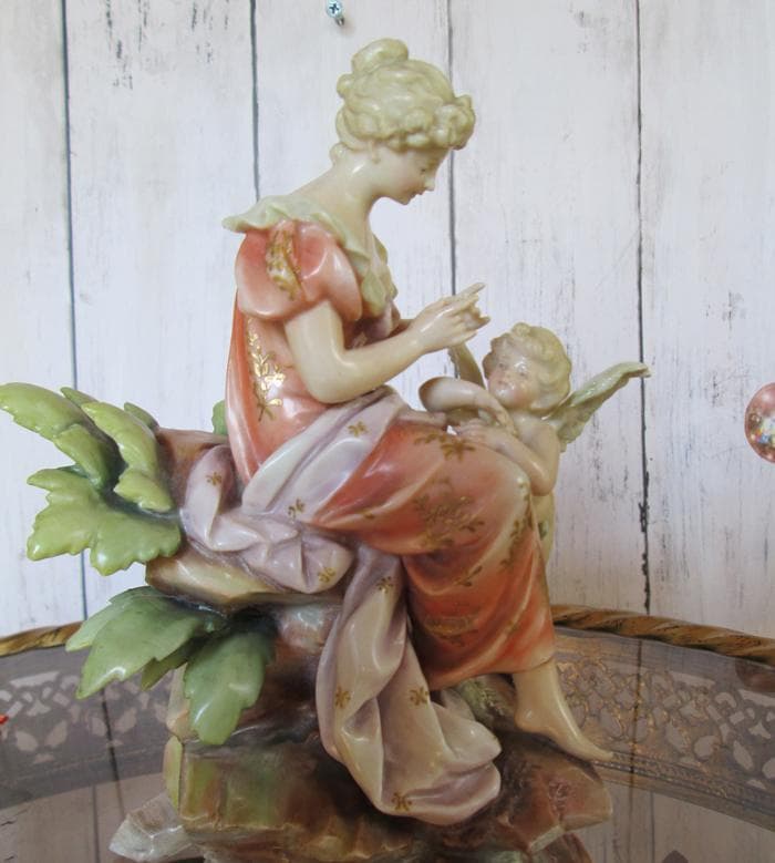 西洋アンティーク☆母子天使陶器☆修復あり