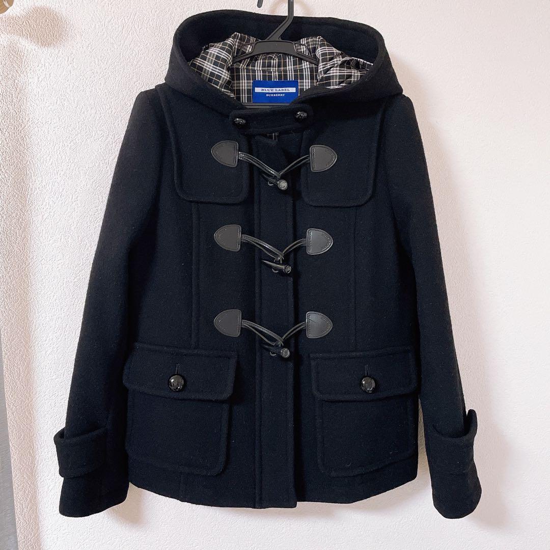 美品 バーバリーブルーレーベル　ノバチェック　フード　ダッフルコート　黒
