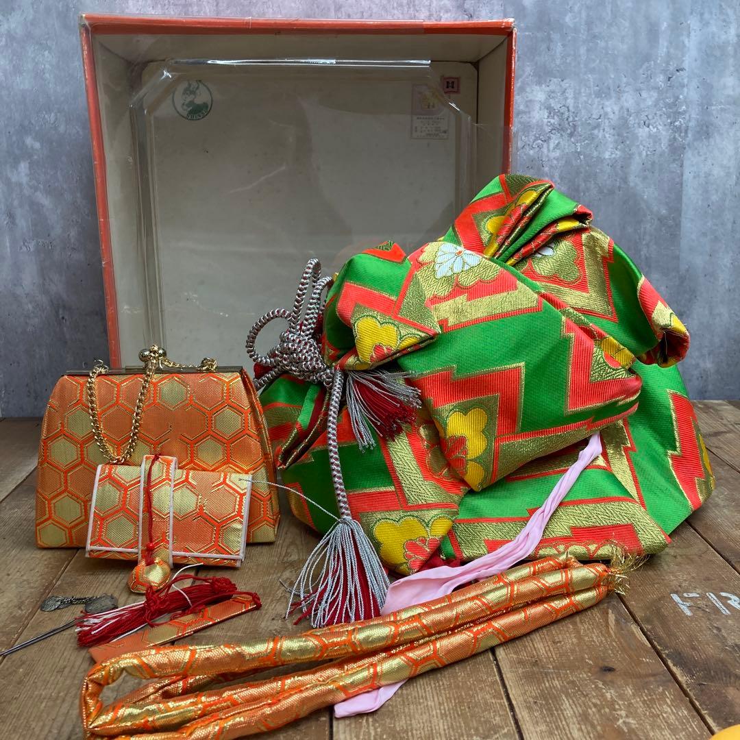 【極美品】七五三 7歳 和装小物セット 結び帯 草履 バッグ 筥迫 緑×金 豪華