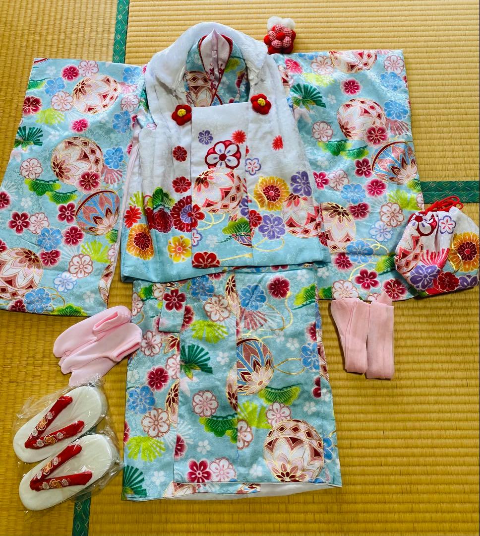 七五三　3歳　女の子セット　水色　手毬模様　 8点セット　美品　お雛様　祝い事