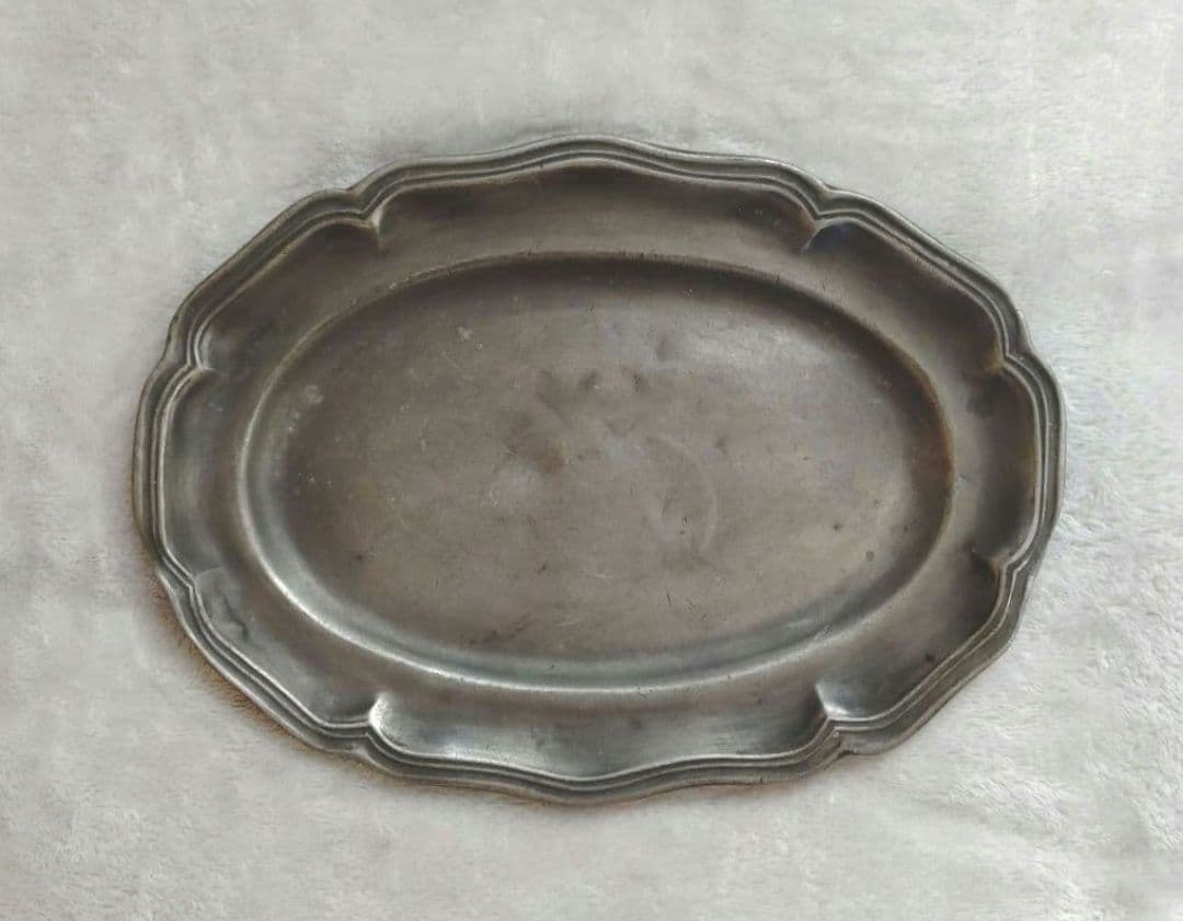 フランスアンティーク 花リム ピューター皿 オーバル 26cm