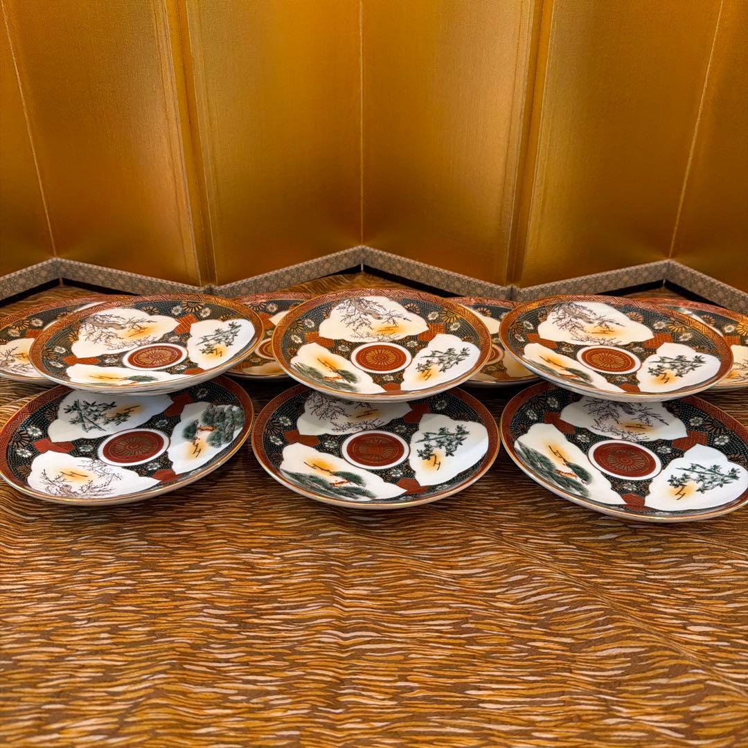 【10客まとめ】九谷焼 赤絵金彩 松竹梅 皿 16cm 在銘 昭和レトロ