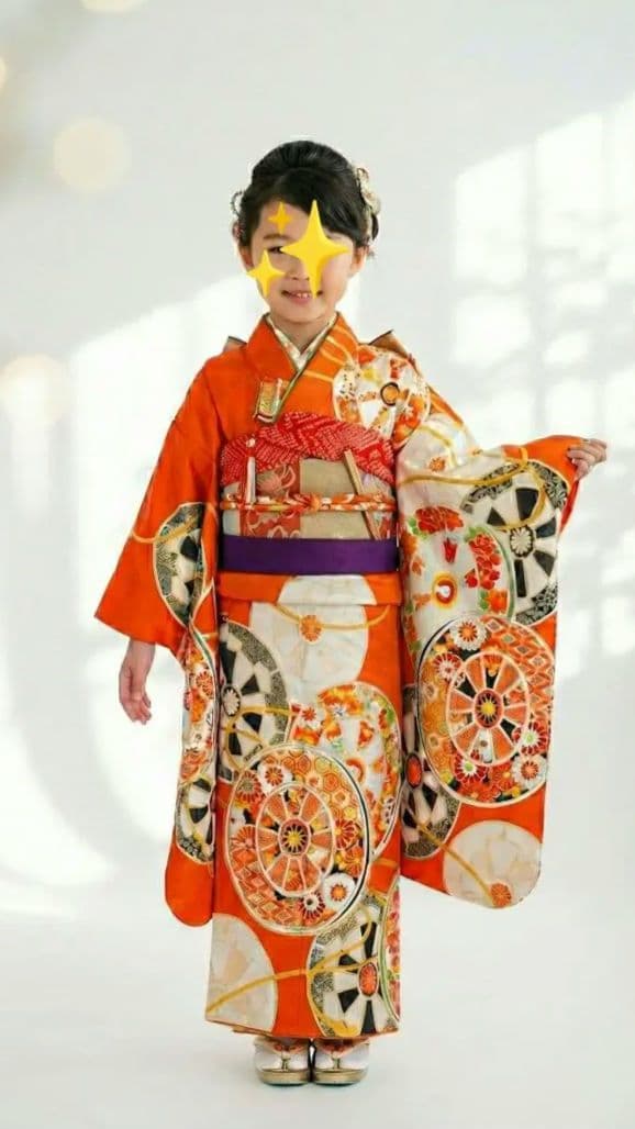 7歳　正絹朱源氏車　七五三　お着物・作り帯セット