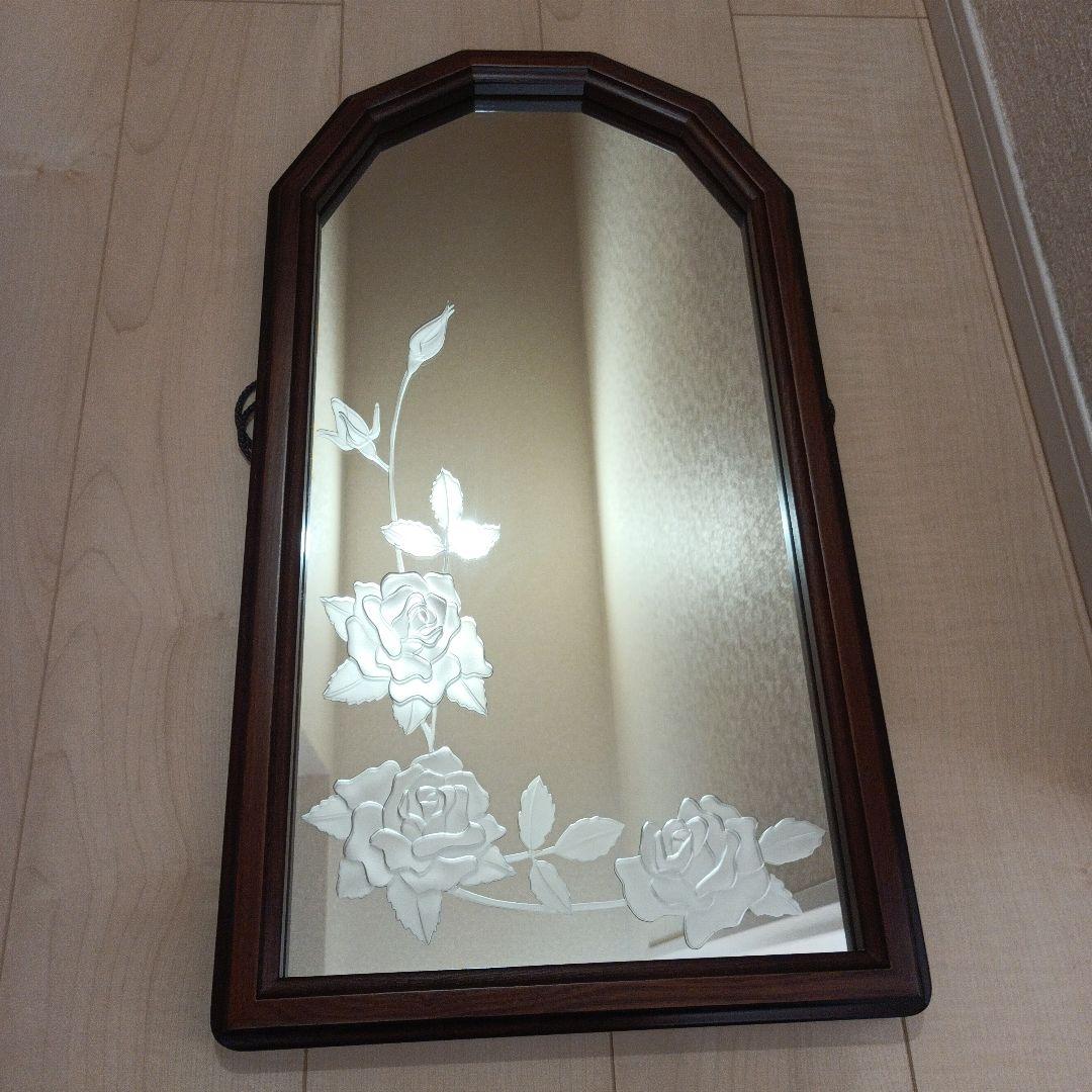 レトロアンティーク　壁掛けミラー　薔薇　エッチングミラー　木枠