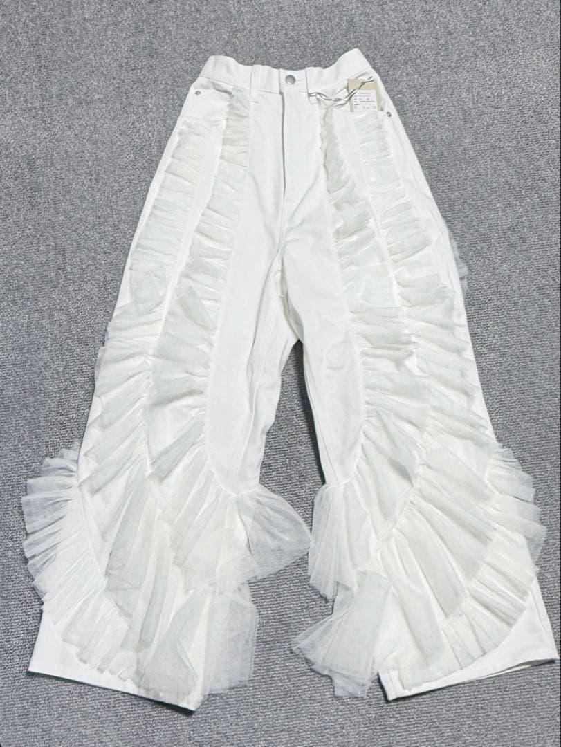 デニム×ギャザーチュールパンツ　ホワイト