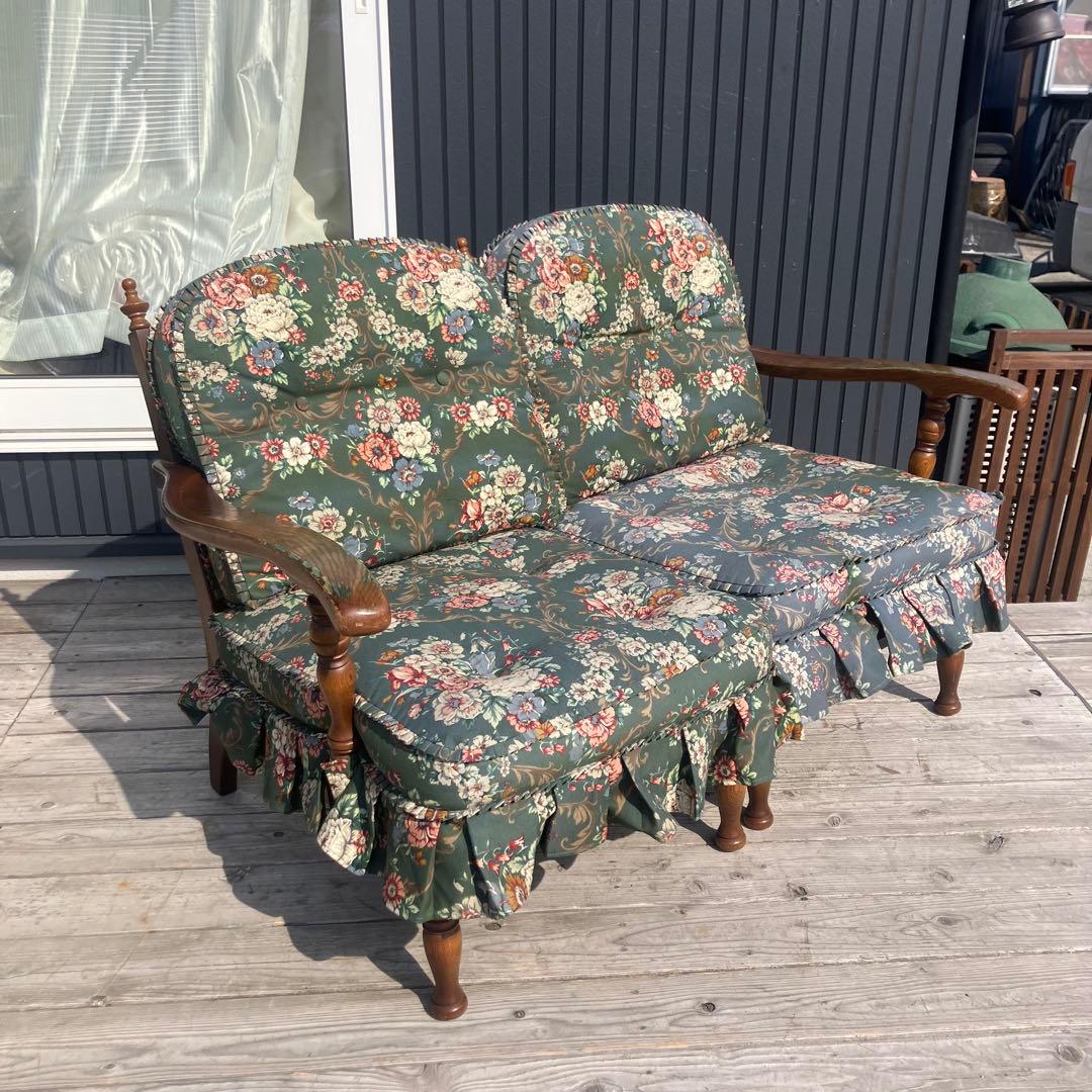 ヴィンテージ 飛騨産業 キツツキ 木製フレーム 花柄2人掛けソファー セパレート