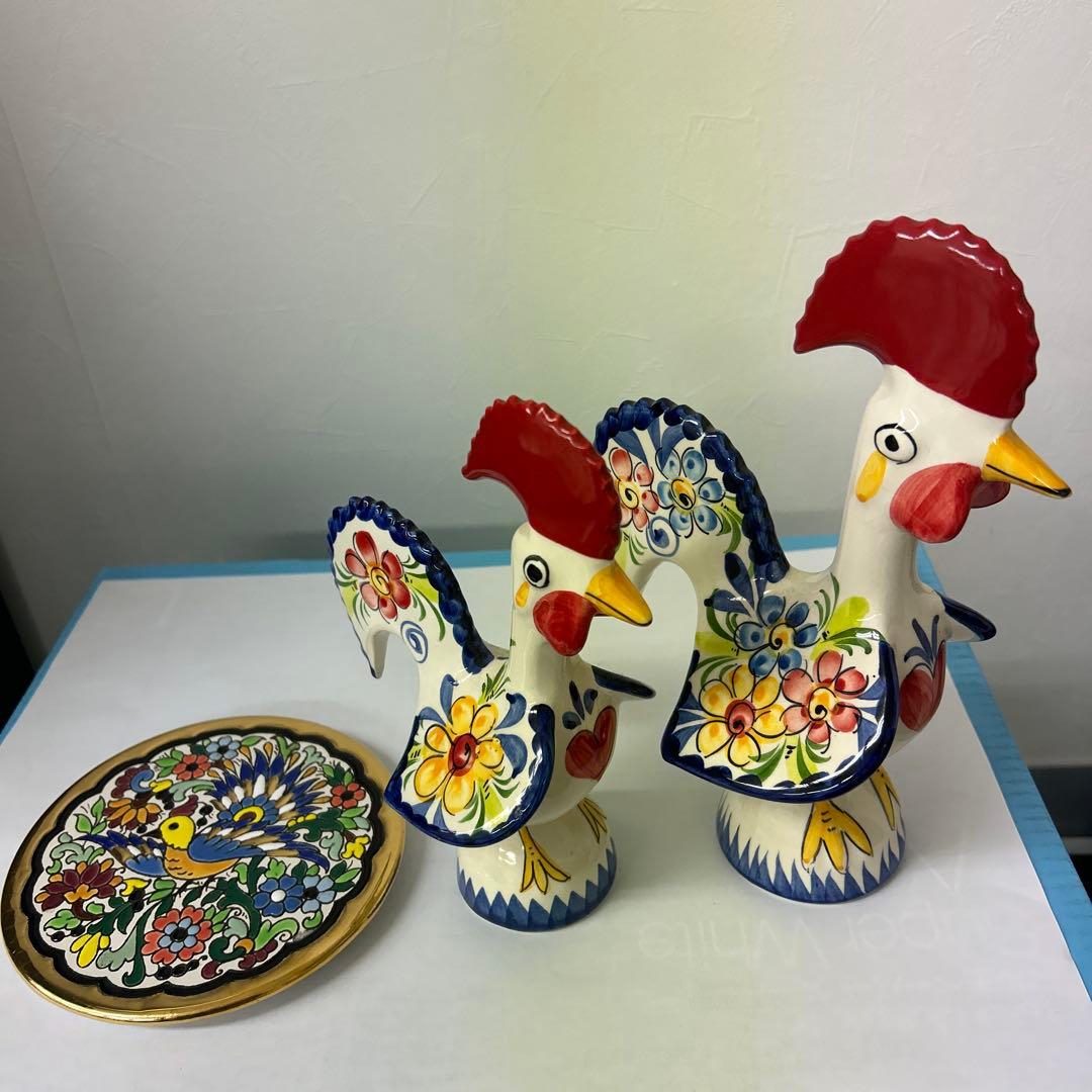 陶器 鶏の置物と皿セット
