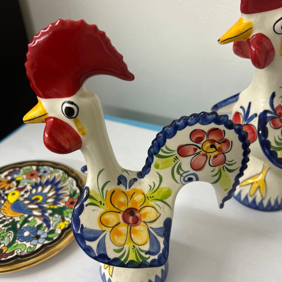 陶器 鶏の置物と皿セット