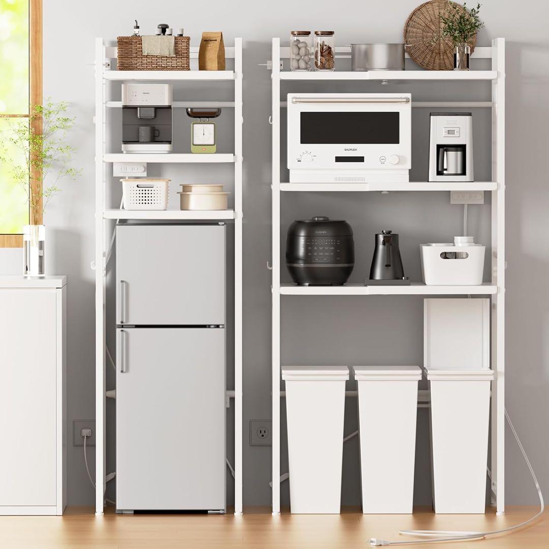 レンジラック 冷蔵庫上 キッチン 棚 ランドリー洗濯機 高さ調節 フック付き