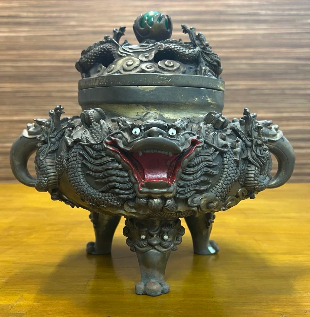 大明宣徳年製　龍香炉　三足　翡翠玉　香道具　中国