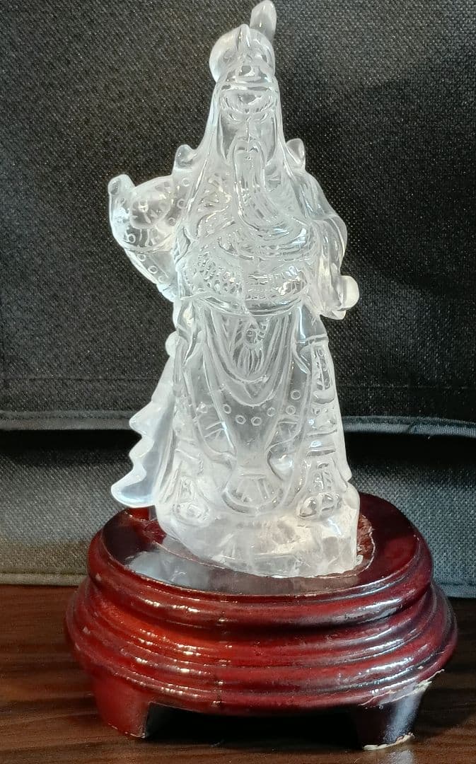 美品 関羽公 天然本水晶 手彫彫刻 像 財神 商業神 武神 軍神 高透明度 置物