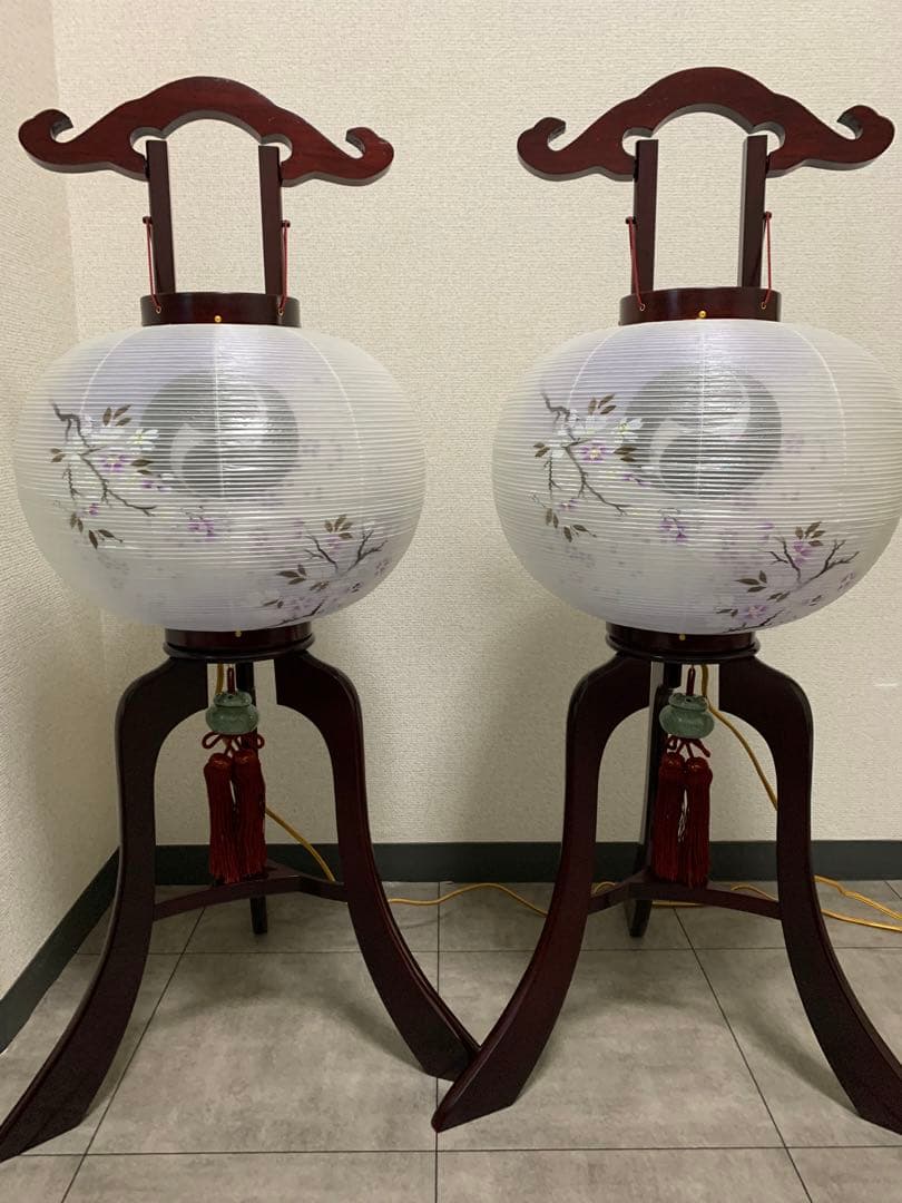 【美品】盆提灯　絹　桜　対