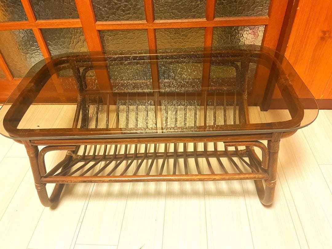 アンティーク ラタン ローテーブル ガラステーブル