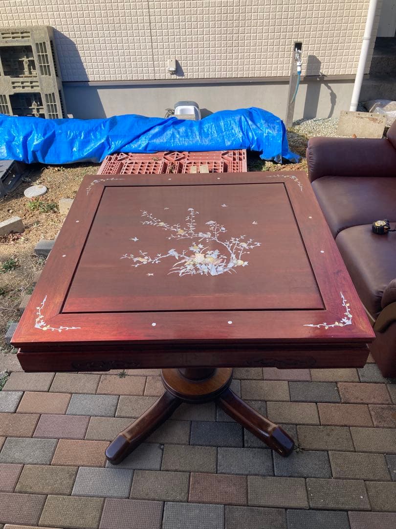 アンティーク　螺鈿ダイニングテーブル　正方形　一本脚　850×850