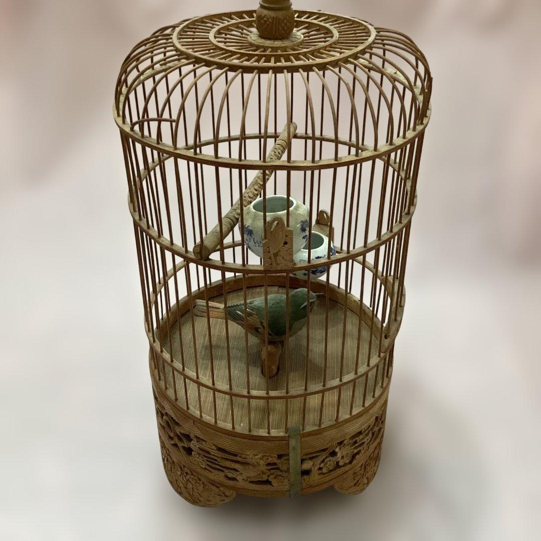 高級英国アンティーク香木鳥かごと彫刻台座　シノワズリ　ウグイス鳴きます　景徳鎮