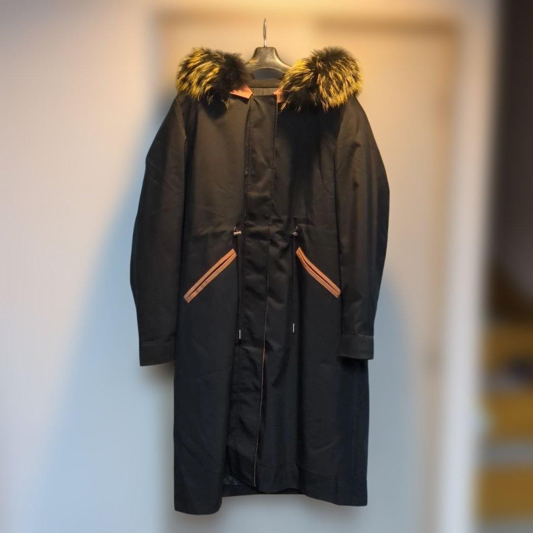 luxury fur フード付きブラックロングコート XLサイズ