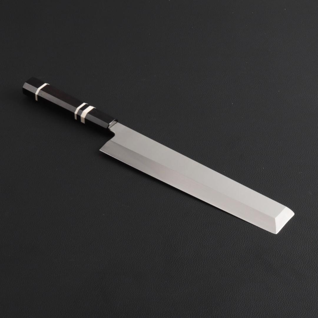 8877 角型薄刃 8寸 刃は究極の切れ味 刺身包丁 黒檀黒水牛角白三本巻八角柄