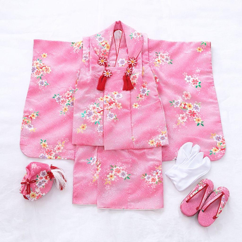 極美品【箱つき８点セット】七五三 子供用 花柄 ピンク　着物 記念 お祝い