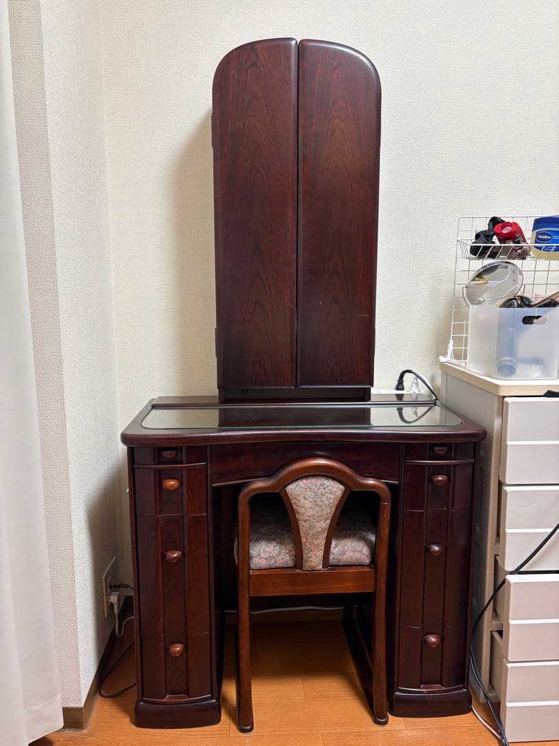 【三面鏡】ヴィンテージ木製ダークブラウンドレッサー・鏡台