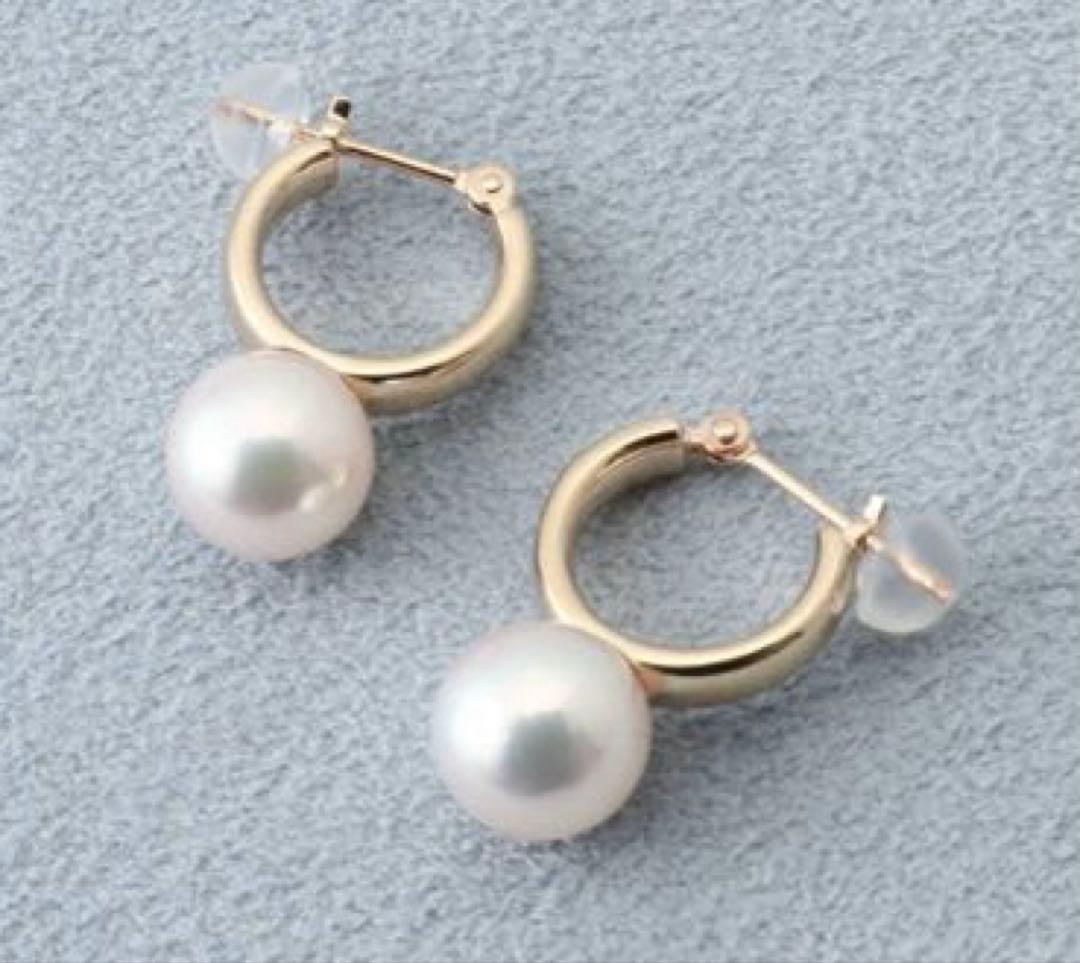 10Kフープピアス 8mmあこやパール付き