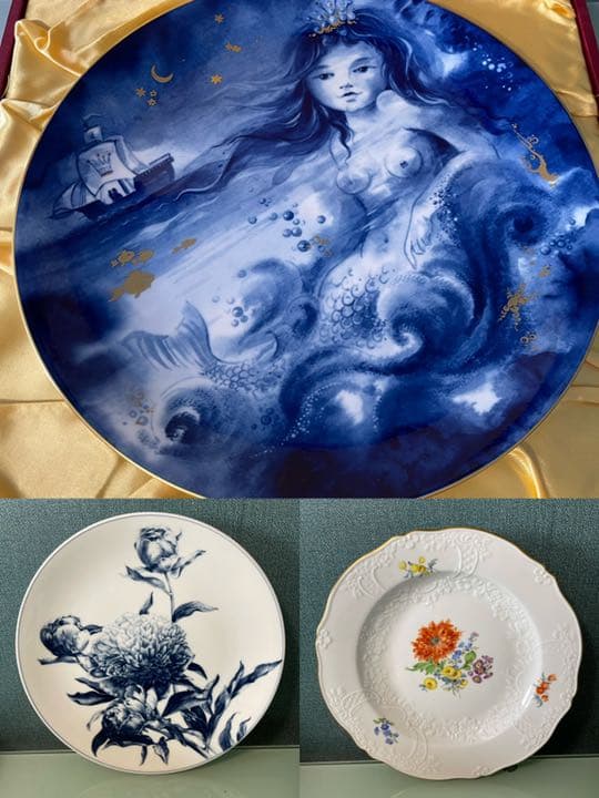 103マイセンプレート3点「人魚姫」「菊」「三つ花」掛け皿　meissen未使用