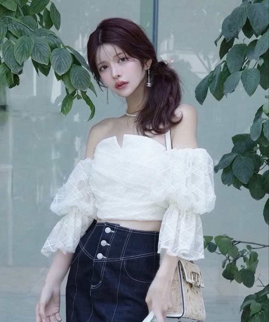 randy オフショル チェックチュールトップス ホワイト