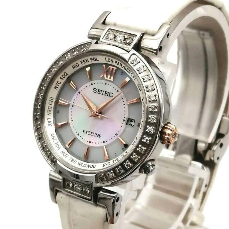 稼働✨ SEIKO　エクセリーヌ　ダイヤベゼル　シェル　腕時計　付属品　ソーラー