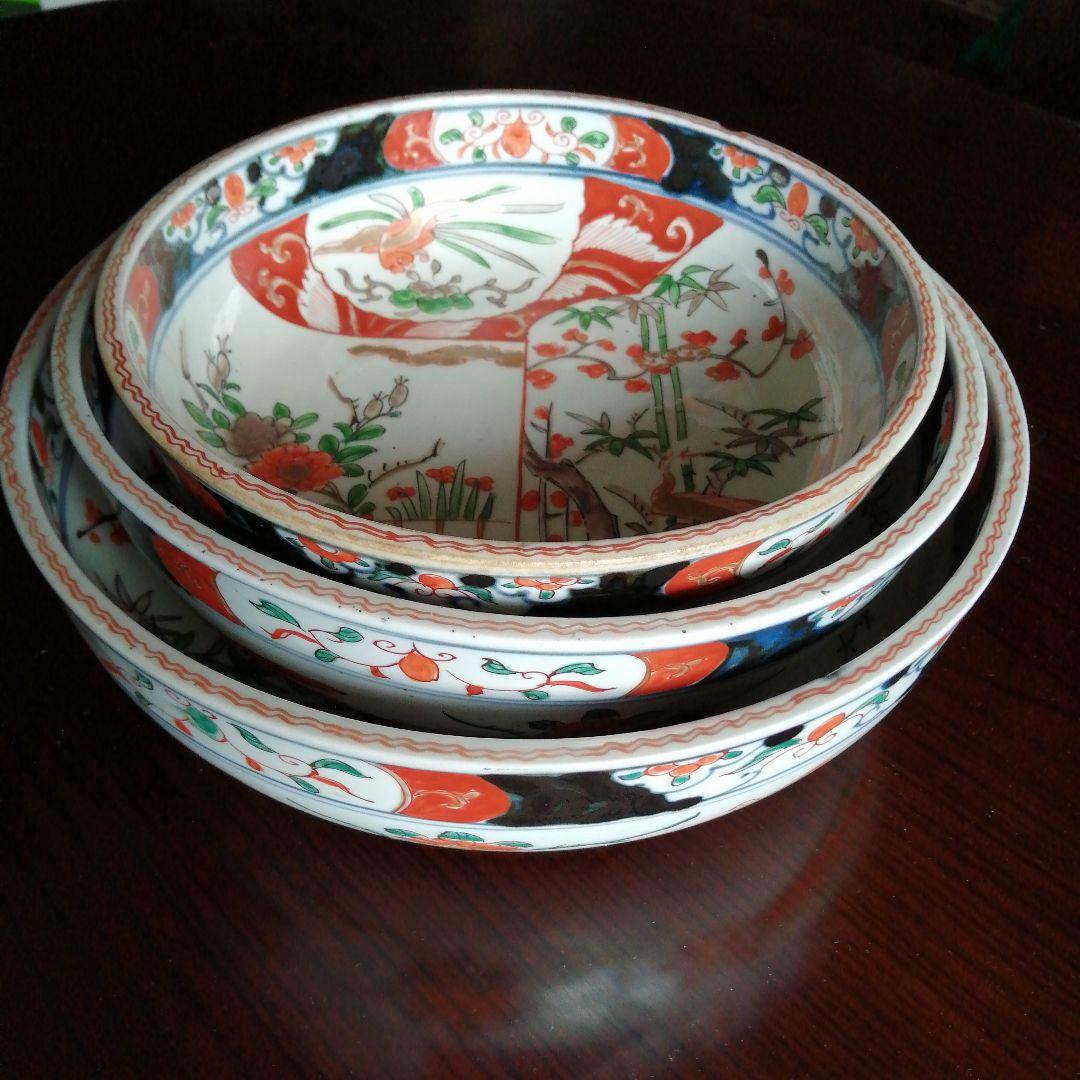 古伊万里　赤絵錦三ツ鉢　22〜28cm　江戸後期〜明治初期