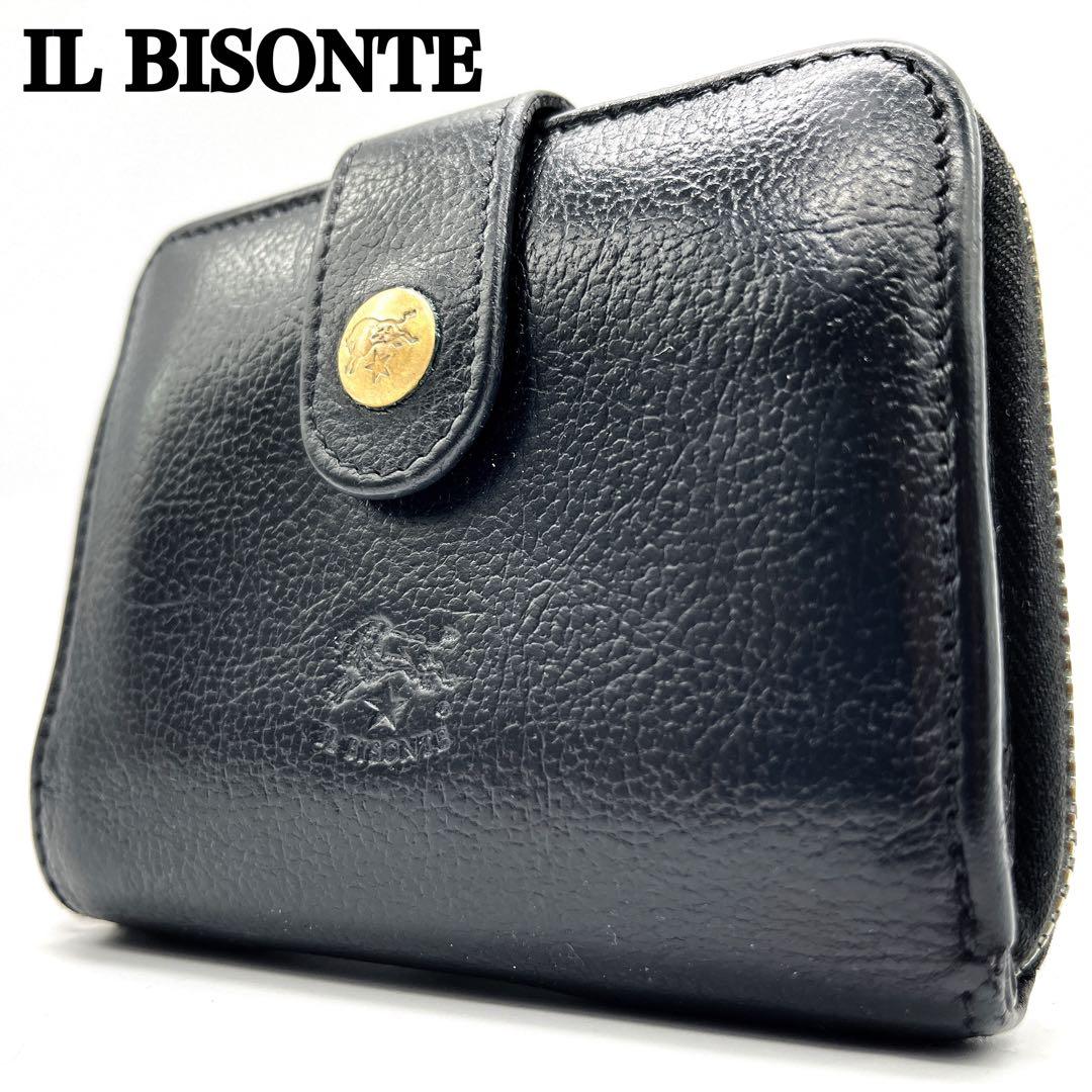 イルビゾンテ 二つ折り財布 ブラック レザー シボ 金ボタン ラウンドジップ