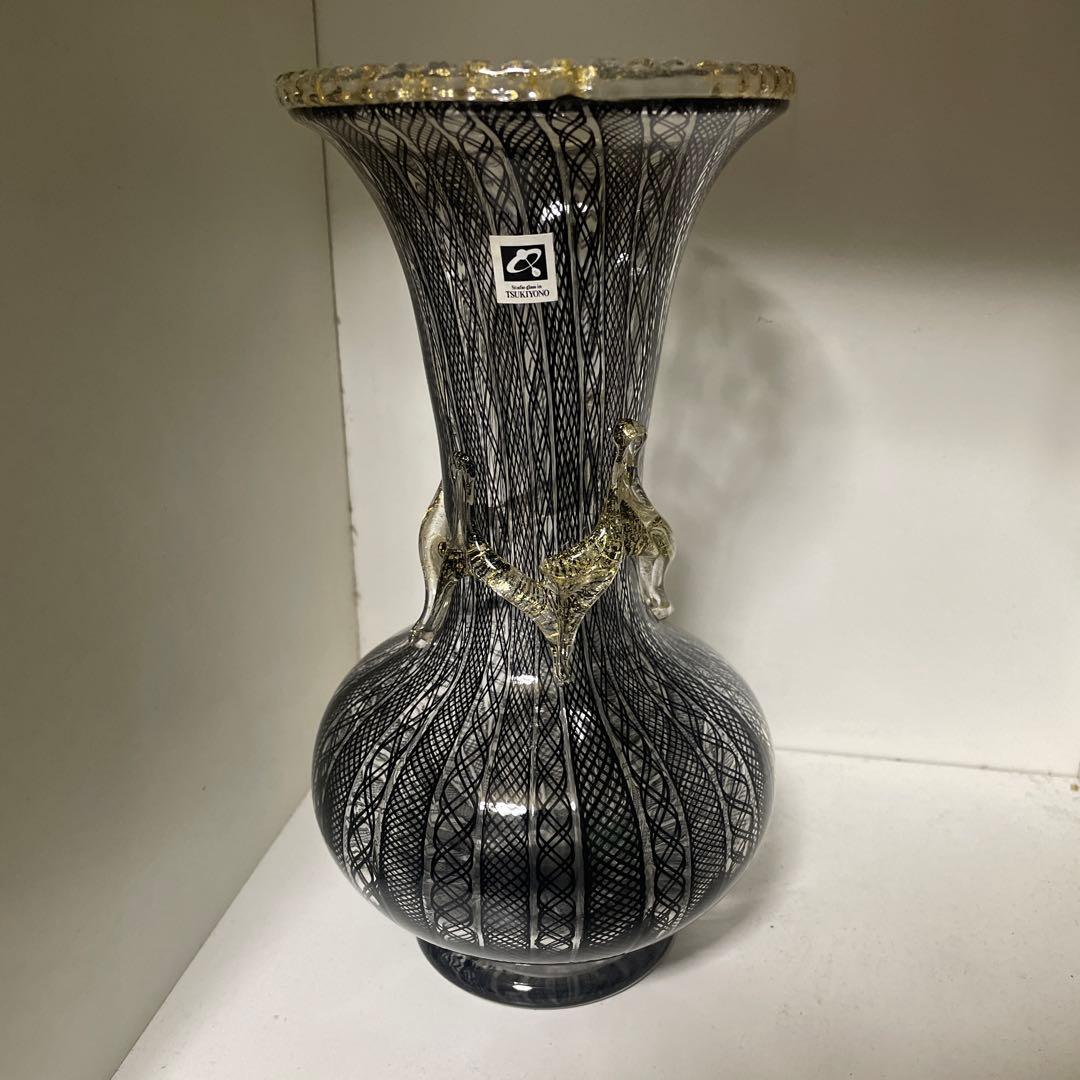 美品　希少　月夜野工房　花瓶　金彩ブラックレース花瓶　レースガラス