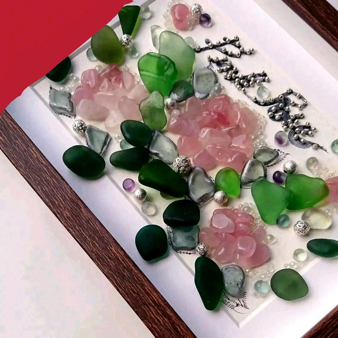 シーグラスアート<ピンクローズ>レア 置物 一点もの 薔薇 天然石 愛の誓い