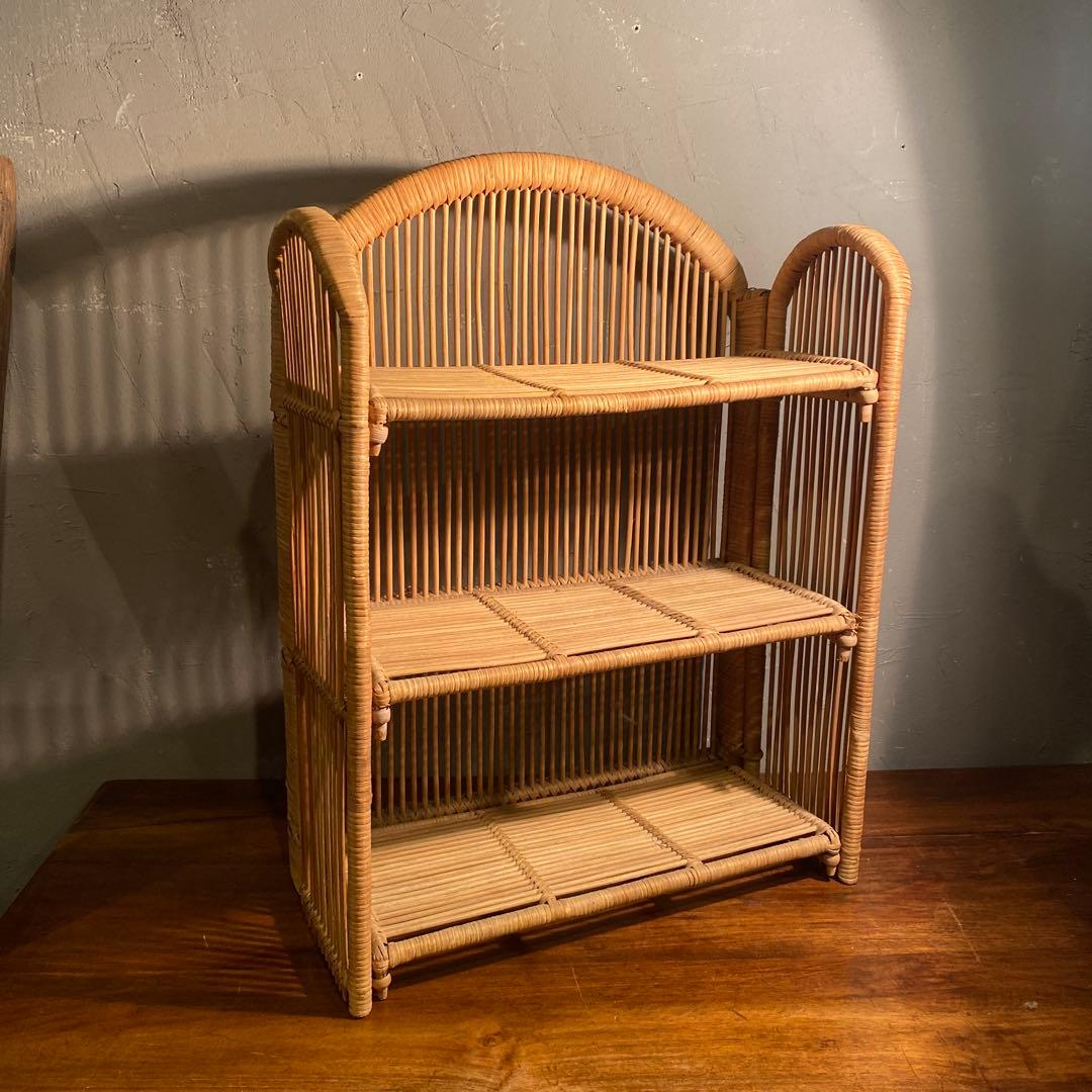 昭和レトロ 折りたたみ式三段ラック ラタン 籐 インテリア 飾り棚