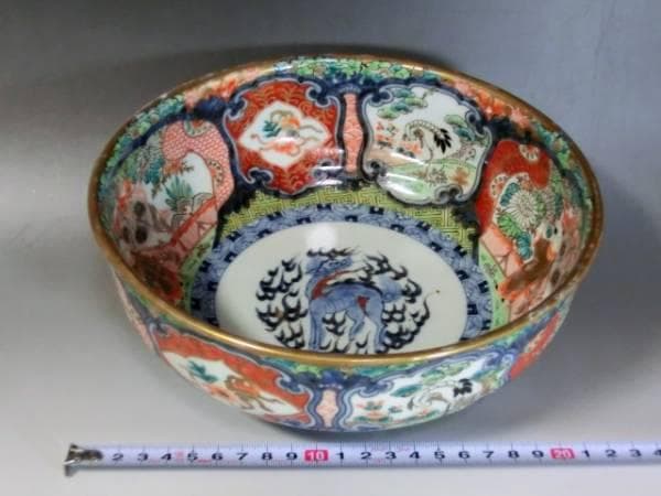 大鉢■色絵 窓絵 鶴 麒麟 唐子 古い菓子器 置物 花唐草 骨董(江戸後期)■