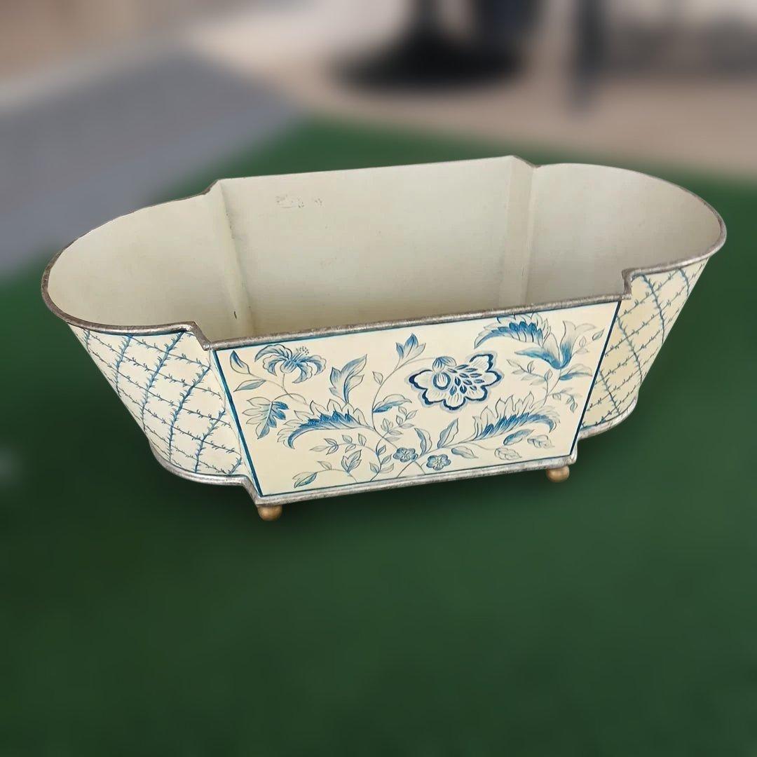 昭和レトロ アンティーク カントリー 青い花柄のオーバルプランター