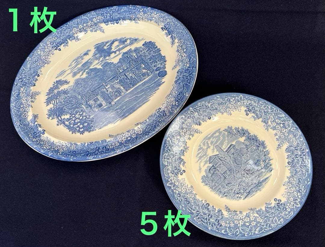 　楕円大皿１枚 ＆ 丸中皿５枚　ロマンチック英国風景