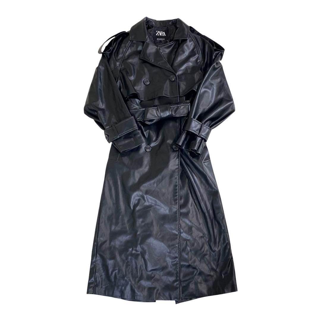 美品　ZARA フェイクレザー　マキシ丈ロングコート　ベルト　黒　トレンチ
