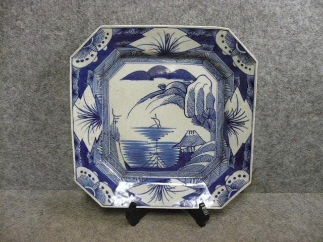 伊万里 線描き 海辺風景 染付 角皿 [B31385]