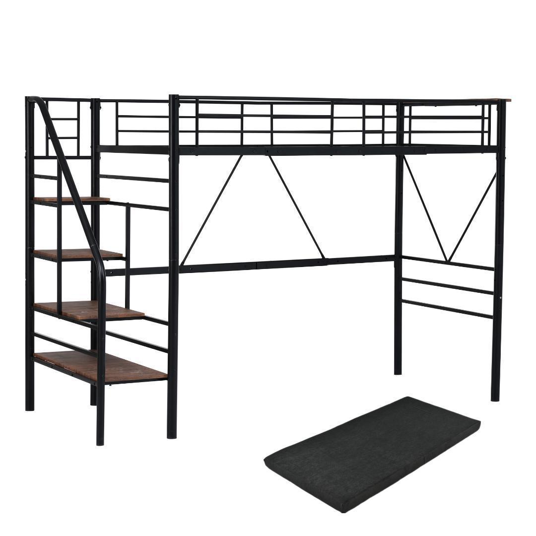 【10cm厚さグレーマットレス付き】ロフトベッド 階段付き S パイプベッド