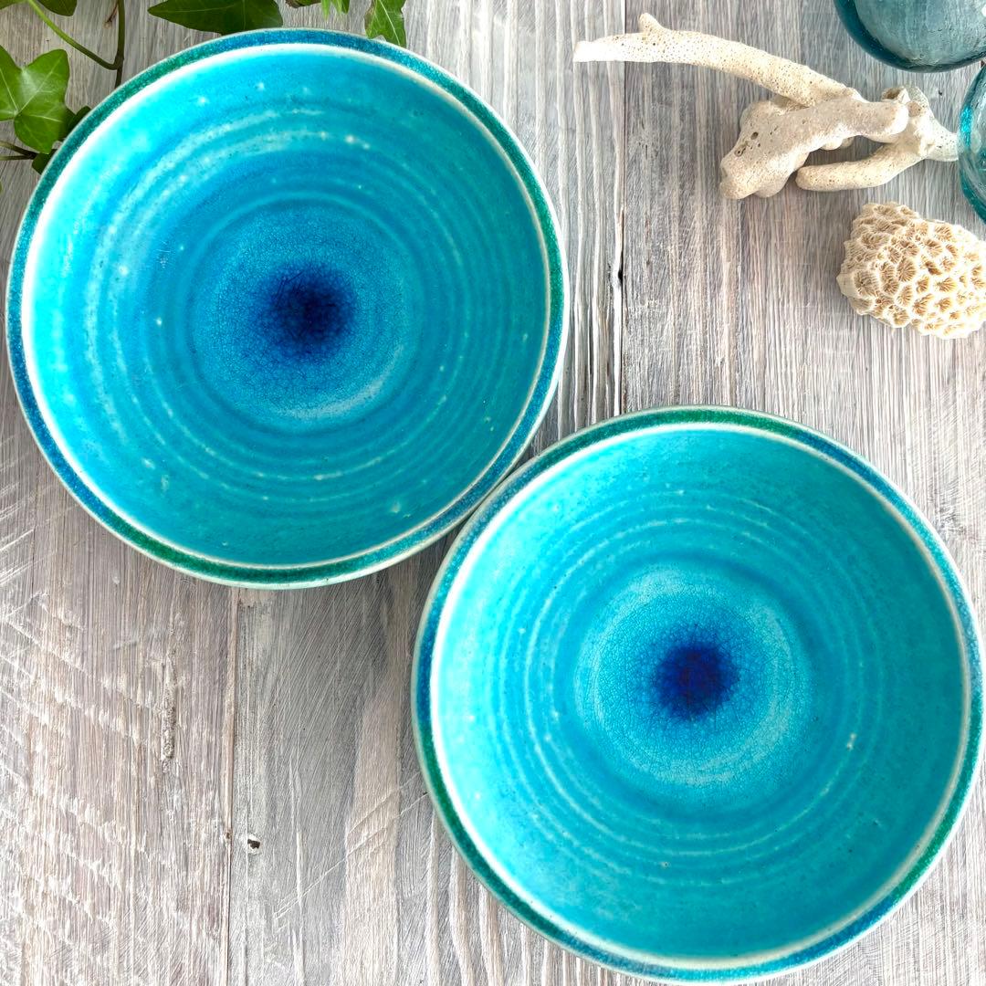 ガラス彩陶器 中皿 沖縄オーシャンブルー 2枚セット