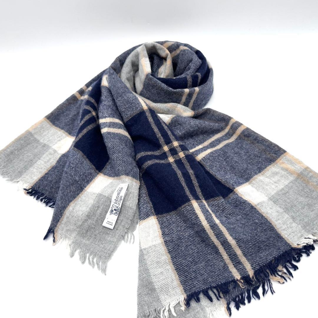 美品 ジョンストンズ カシミヤ100% 大判ストール シルバーバンノックベーン