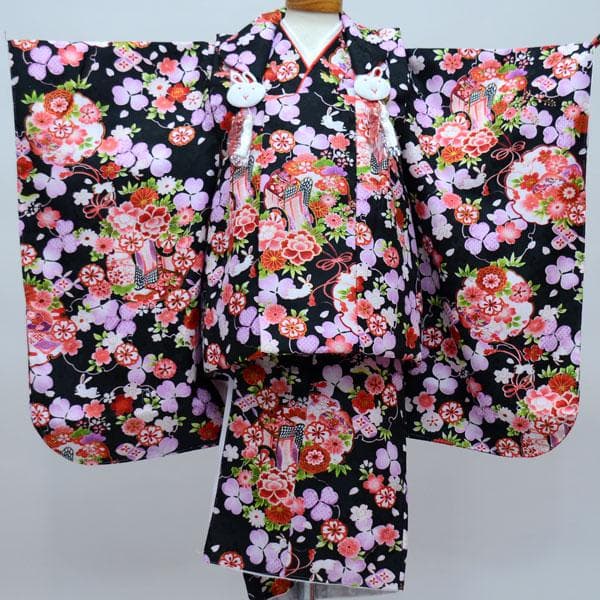 七五三 三歳 女児 被布着物フルセット 黒 うさぎ お仕立て無料 NO24222