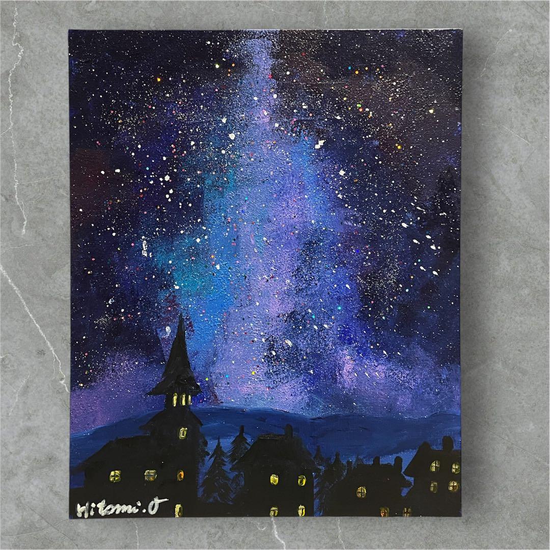 北欧の街の風景画　夜空　キャンバスアート 原画　絵画　現代アート　F3号　直筆
