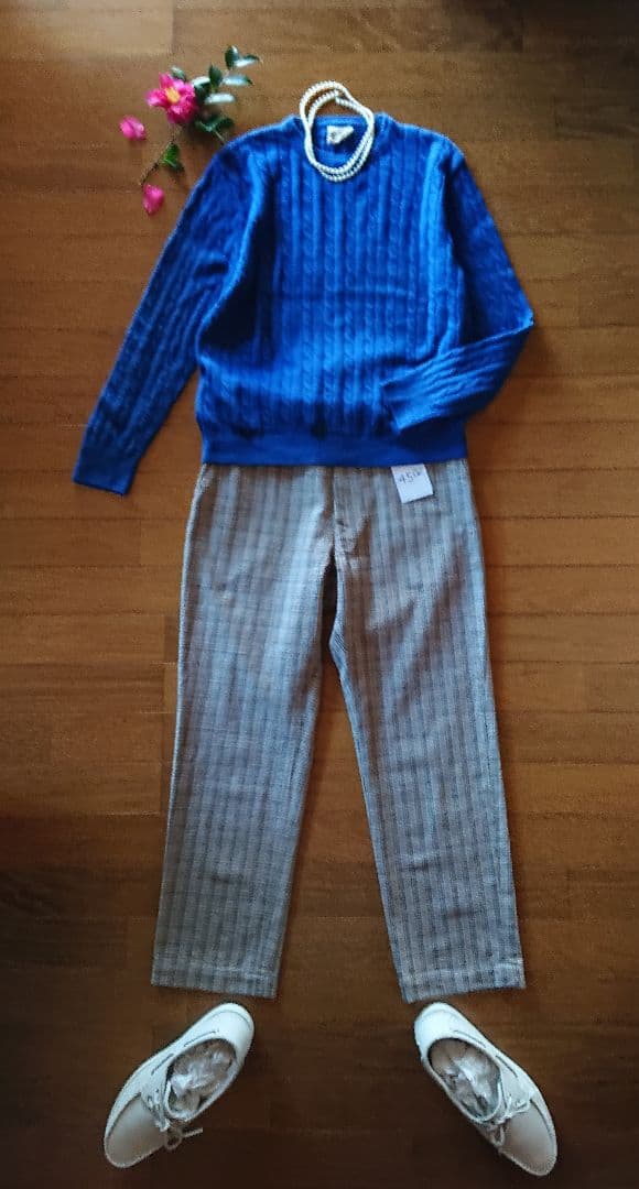 45R☆コットンストレッチガーゼ＊ケーブルニットソーの908クリュー/ブルー♪