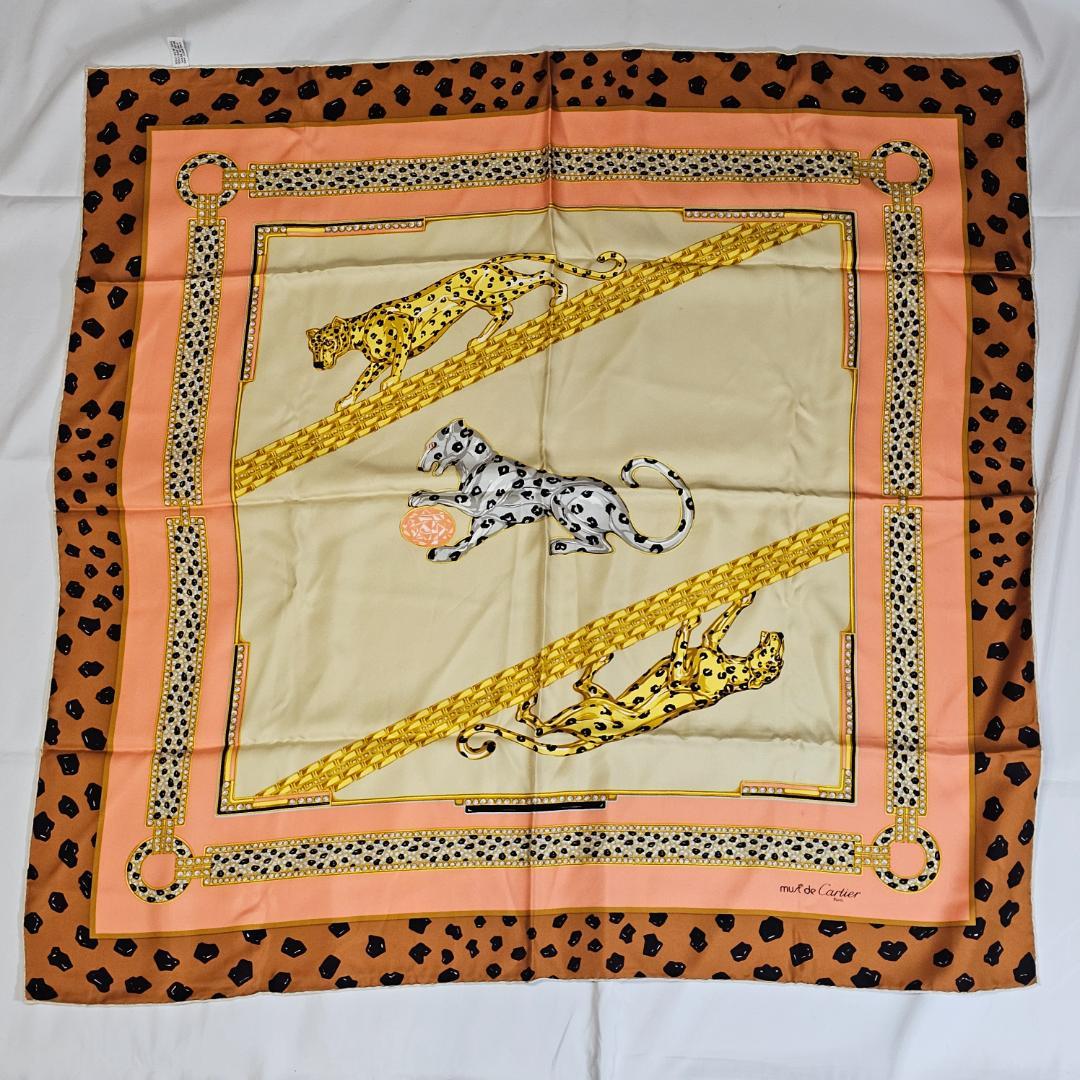 カルティエ シルク スカーフ パンテール 豹柄 アニマル ピンク系