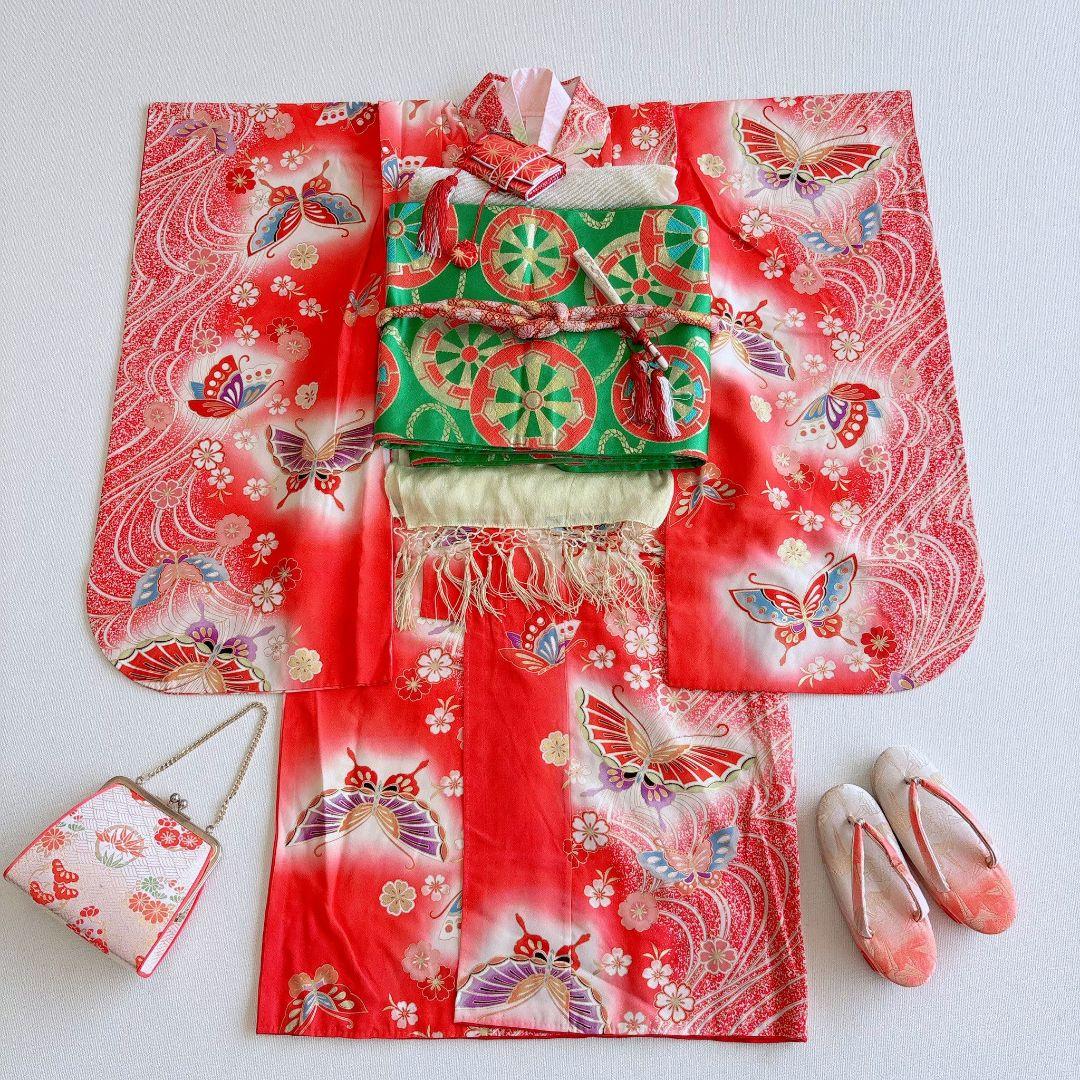 フルセット　七五三７歳女の子　赤地蝶桜　緑地袋帯　源氏車　簡単半衿　7105