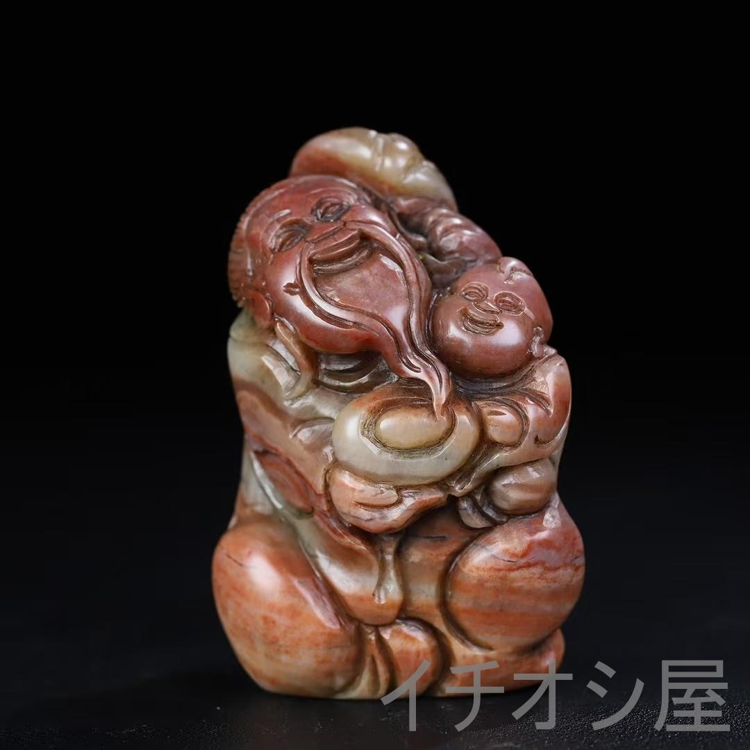 【旧蔵 寿山石 子孫楽 彫刻 手握り件】原石原色 印材 彫刻 時代物 田黄石